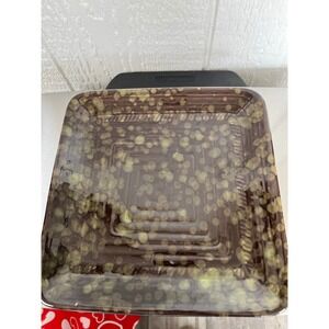 Square Ceramic Serving Platter Brown Green Drip Glaze Pottery Dish 9 Inch